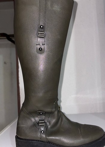 Kadın Haki Deri Topuklu Çizme - Görsel 2