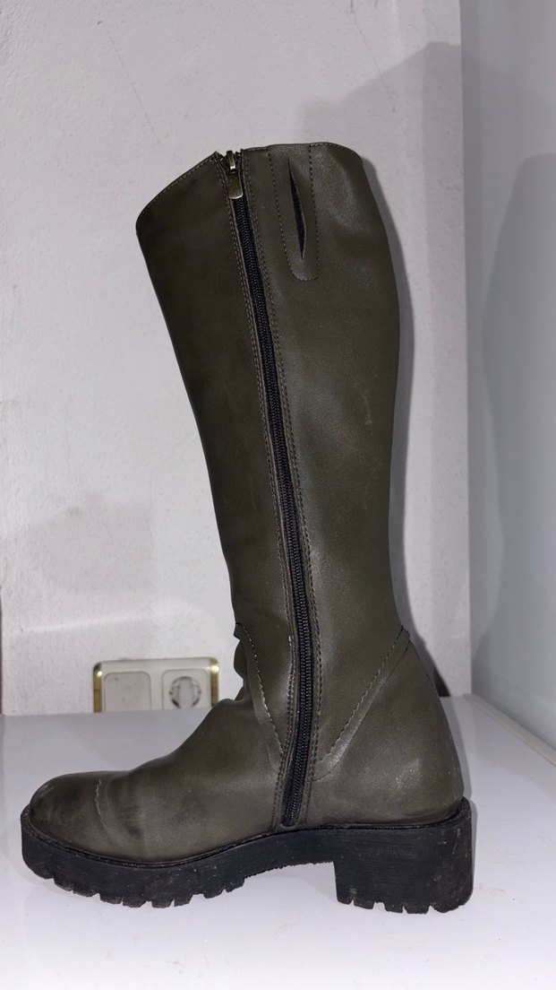 Kadın Haki Deri Topuklu Çizme - Görsel 3