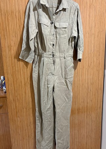 Bej Düğmeli Kadın Yumuşak kumaş tulum - Görsel 5