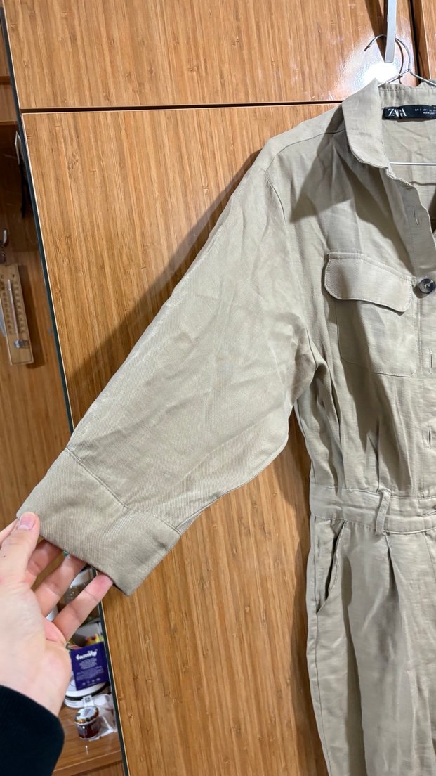 Bej Düğmeli Kadın Yumuşak kumaş tulum - Görsel 4