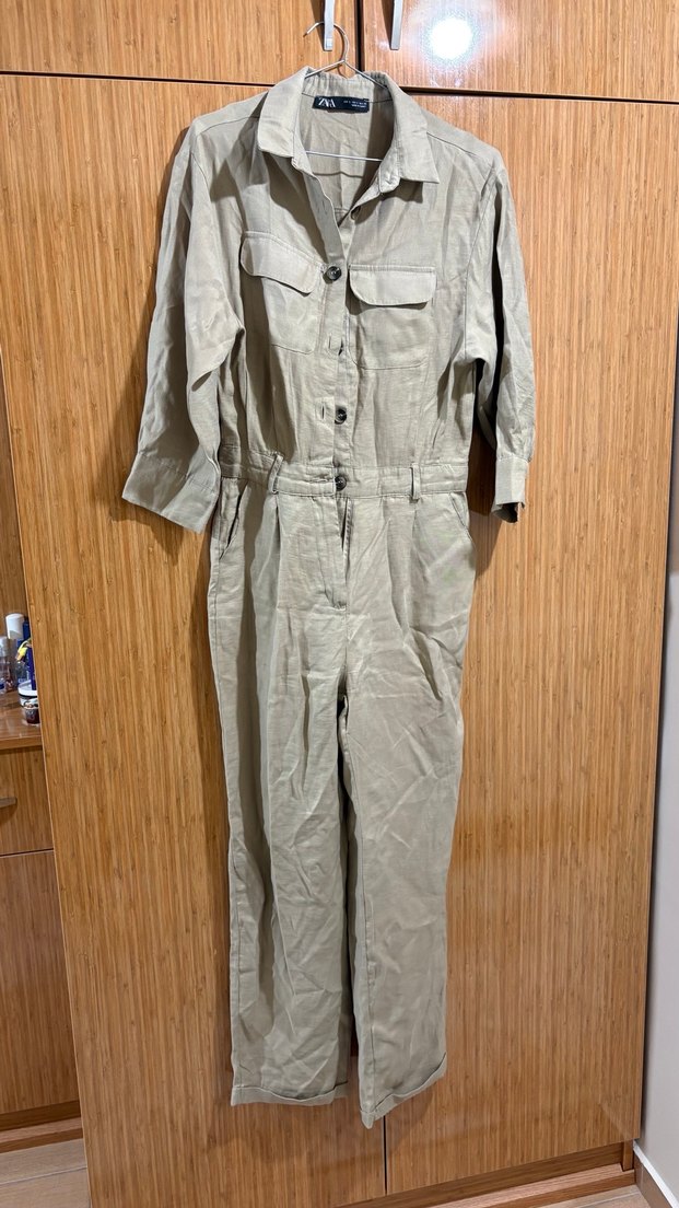 Bej Düğmeli Kadın Yumuşak kumaş tulum - Görsel 5