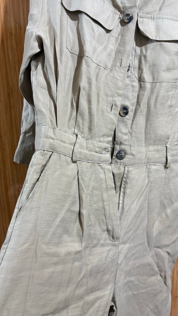 Bej Düğmeli Kadın Yumuşak kumaş tulum - Görsel 2