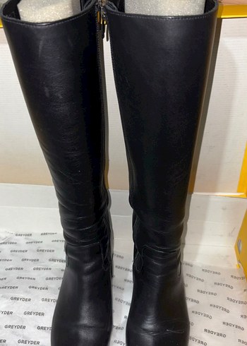 Siyah Deri Diz Üstü Blok Topuklu Bot - Görsel 5