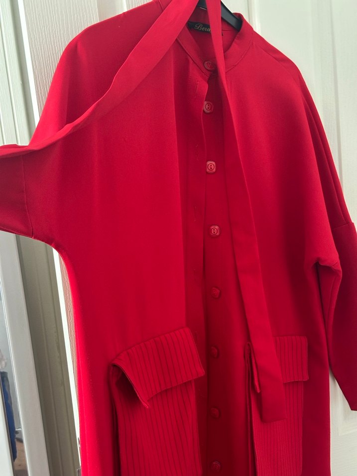 Uzun Kırmızı Kadın Street Wear Elbise - Görsel 5