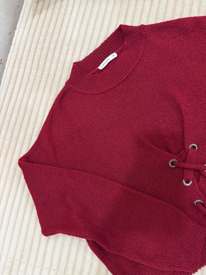 LCW Bordo Örgü Bohem Kadın Kazak - Görsel 3