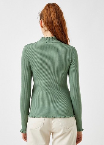 Haki renk Yüksek Yaka Fitilli Triko Kadın Kazak - Görsel 2