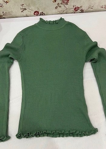 Haki renk Yüksek Yaka Fitilli Triko Kadın Kazak - Görsel 4