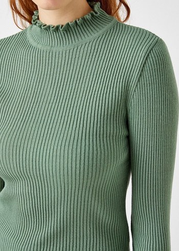 Haki renk Yüksek Yaka Fitilli Triko Kadın Kazak - Görsel 3