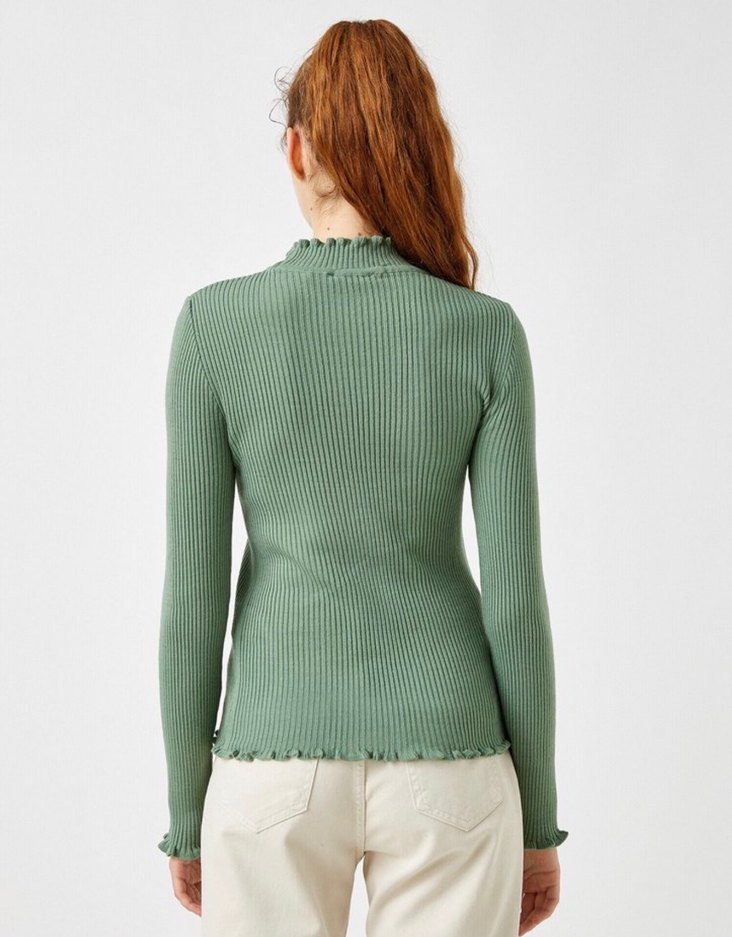 Haki renk Yüksek Yaka Fitilli Triko Kadın Kazak - Görsel 2