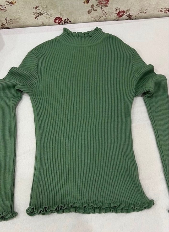 Haki renk Yüksek Yaka Fitilli Triko Kadın Kazak - Görsel 4