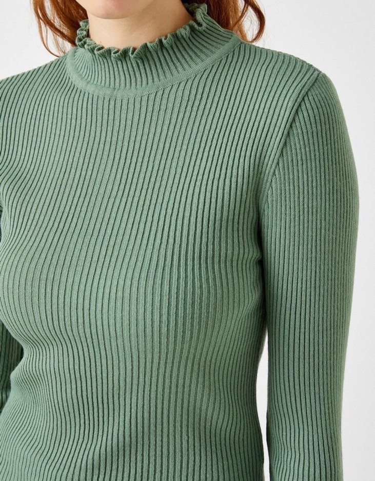 Haki renk Yüksek Yaka Fitilli Triko Kadın Kazak - Görsel 3