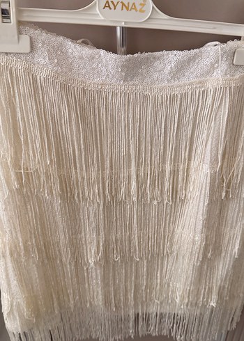 Püsküllü Beyaz Mini Bohem Etek - Görsel 3