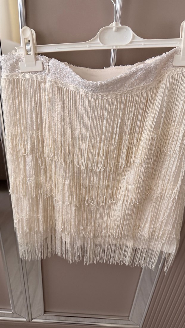 Püsküllü Beyaz Mini Bohem Etek - Görsel 5