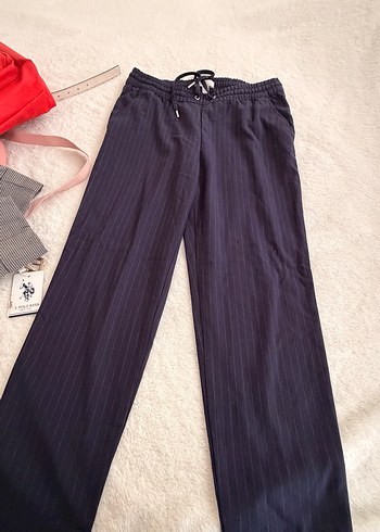 Kadın Lacivert çizgili Pilili Kumaş Pantolon - Görsel 2