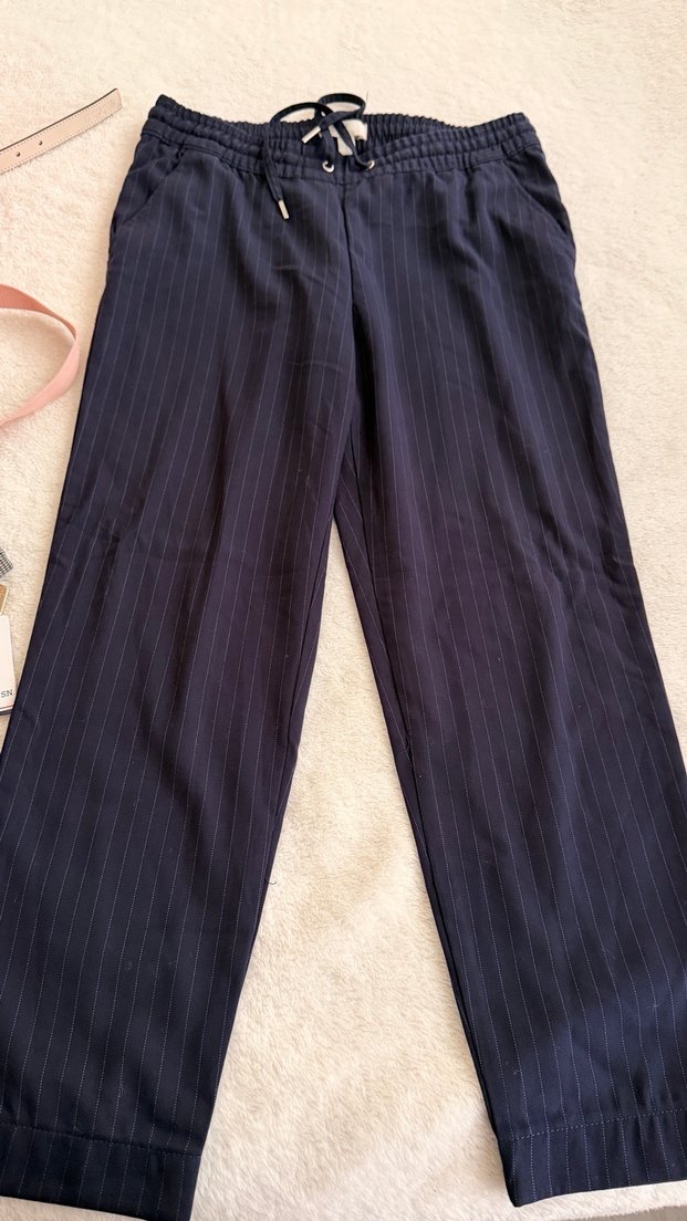 Kadın Lacivert çizgili Pilili Kumaş Pantolon - Görsel 3