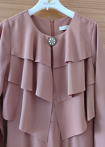 Bej Uzun Kollu Kat Katlı Uzun Elbise - Görsel 5