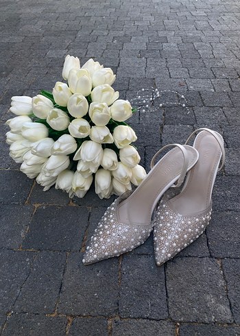Diğer Boncuk İşlemeli Beyaz Stiletto Gelin Ayakkabısı