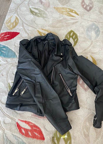 Diğer Siyah Deri Biker Ceket Fermuarlı