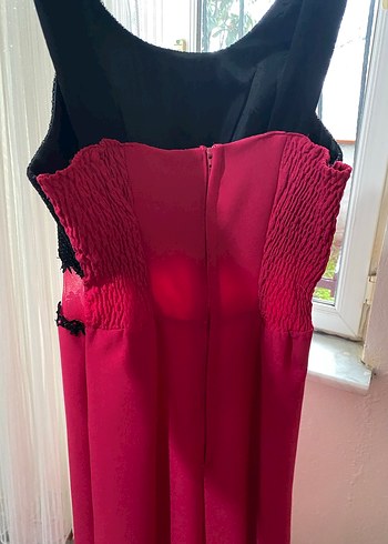 Fuşya/Pembe Siyah Nakışlı Uzun Abiye Elbise - Görsel 5