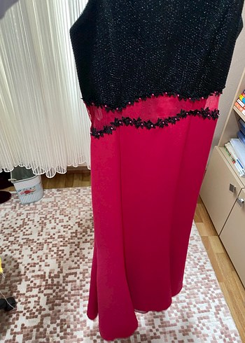 Fuşya/Pembe Siyah Nakışlı Uzun Abiye Elbise - Görsel 7