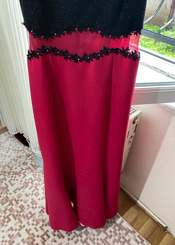 Fuşya/Pembe Siyah Nakışlı Uzun Abiye Elbise - Görsel 4