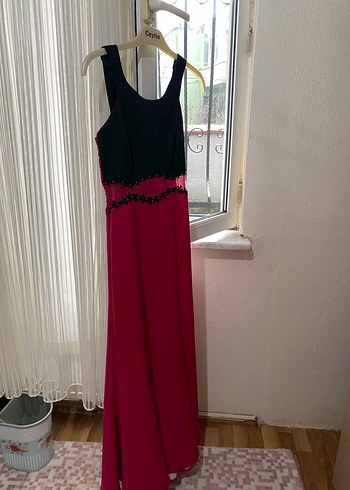 Fuşya/Pembe Siyah Nakışlı Uzun Abiye Elbise - Görsel 2