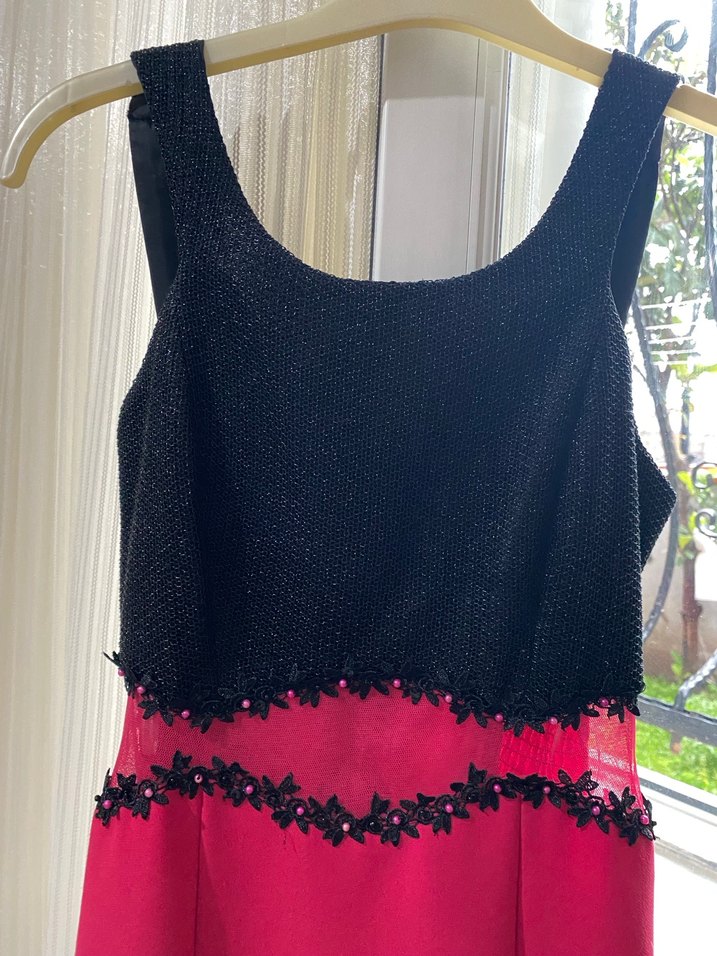 Fuşya/Pembe Siyah Nakışlı Uzun Abiye Elbise - Görsel 3