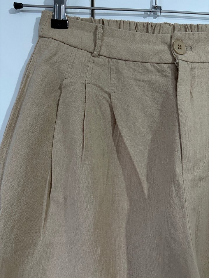 Bej Midi Keten Rahat Kesim Kadın Pantolon - Görsel 2