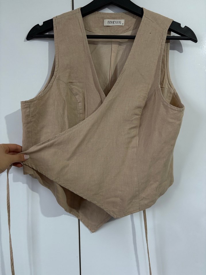 Bej Midi Keten Rahat Kesim Kadın Pantolon - Görsel 4