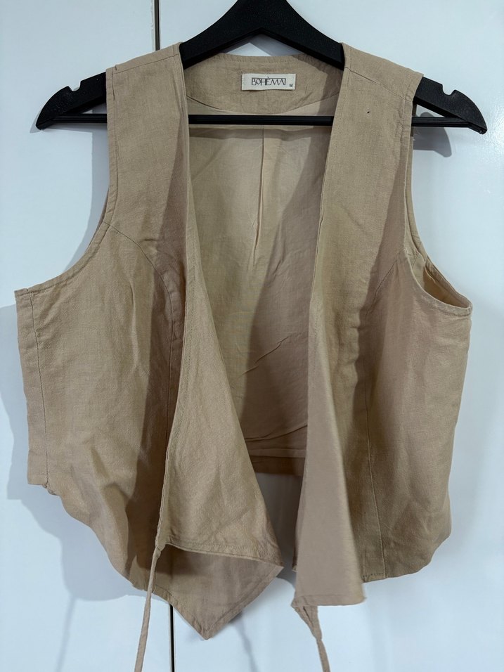 Bej Midi Keten Rahat Kesim Kadın Pantolon - Görsel 5