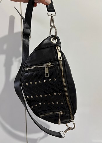 Kadın Siyah Deri Biker Çapraz Çanta - Görsel 2