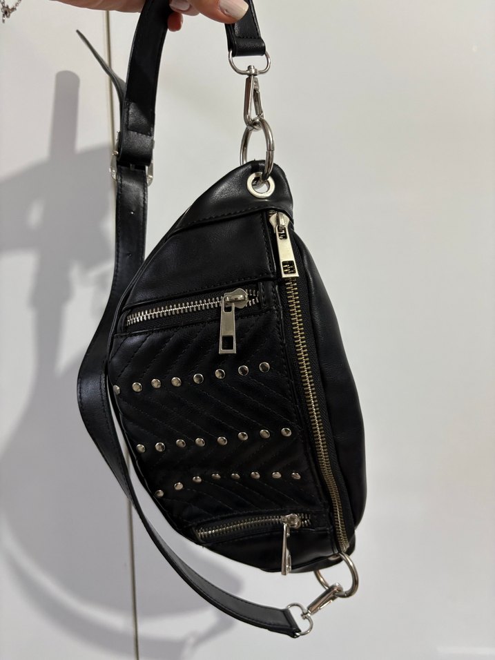 Kadın Siyah Deri Biker Çapraz Çanta - Görsel 2