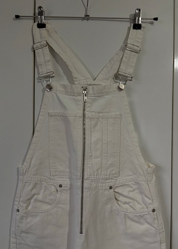 Beyaz Denim Askılı Tulum, Kemerli, Midi Boy - Görsel 2