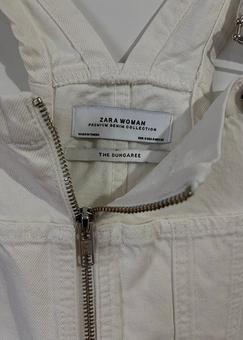 Beyaz Denim Askılı Tulum, Kemerli, Midi Boy - Görsel 3