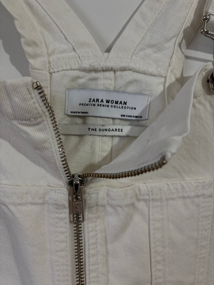 Beyaz Denim Askılı Tulum, Kemerli, Midi Boy - Görsel 3