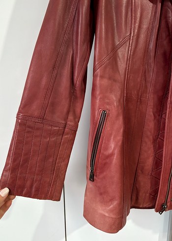 Bordo Kürklü Deri Biker Ceket - Görsel 3