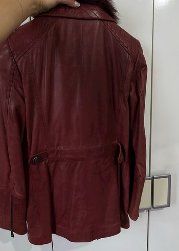 Bordo Kürklü Deri Biker Ceket - Görsel 5