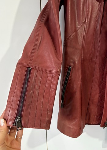 Bordo Kürklü Deri Biker Ceket - Görsel 4