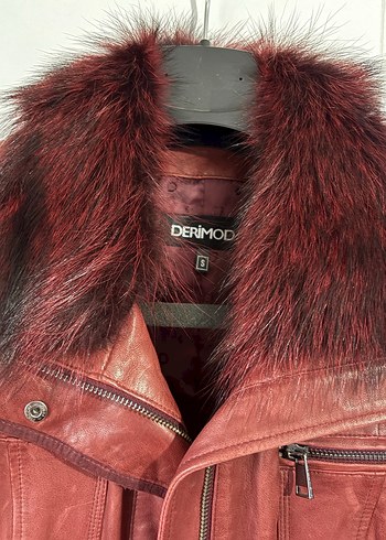 Bordo Kürklü Deri Biker Ceket - Görsel 2