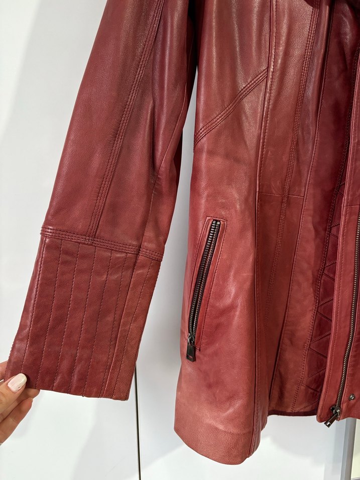 Bordo Kürklü Deri Biker Ceket - Görsel 3