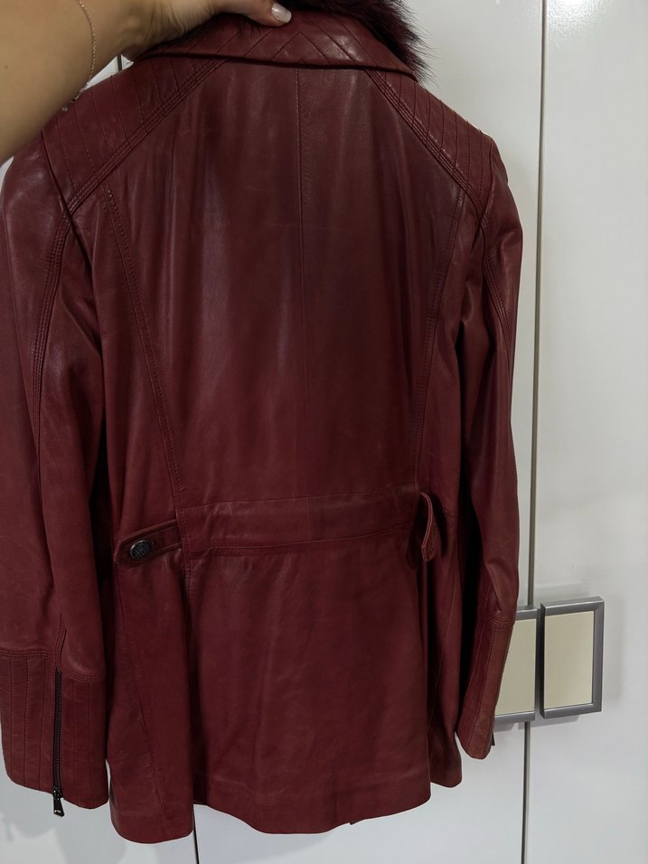 Bordo Kürklü Deri Biker Ceket - Görsel 5