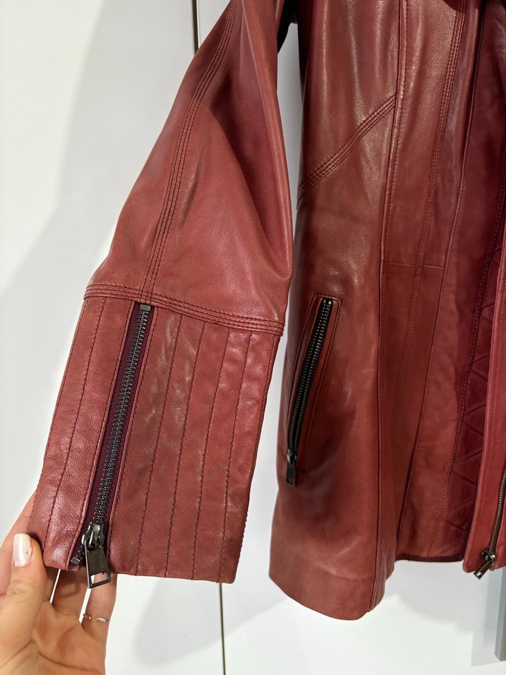 Bordo Kürklü Deri Biker Ceket - Görsel 4