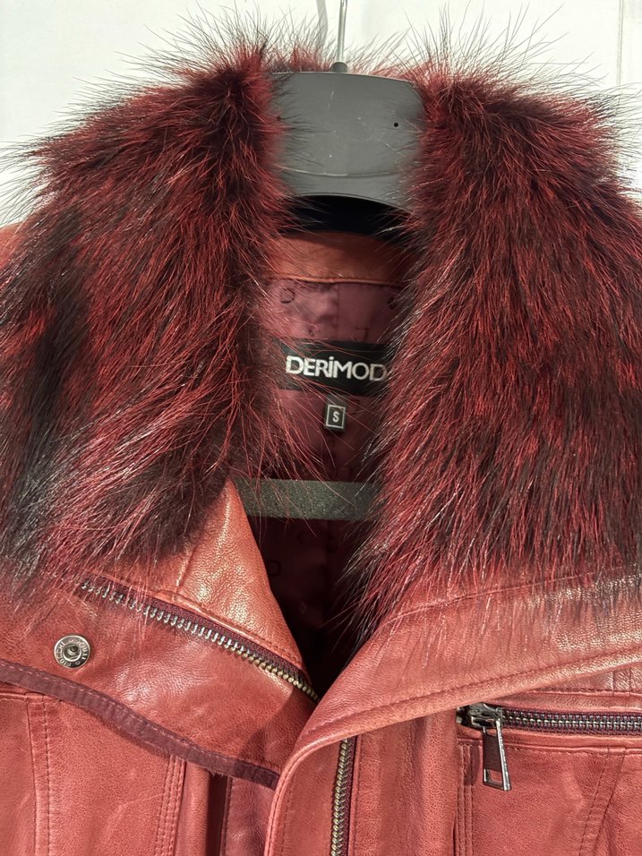 Bordo Kürklü Deri Biker Ceket - Görsel 2