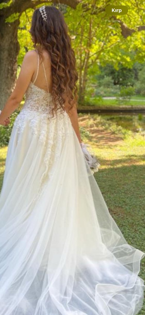 V Yaka ince Askılı   Beyaz Dantel Gelinlik - Görsel 2