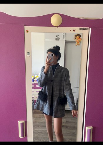 Kürk Detaylı Gri Ekose Kadın Blazer ceket kaban