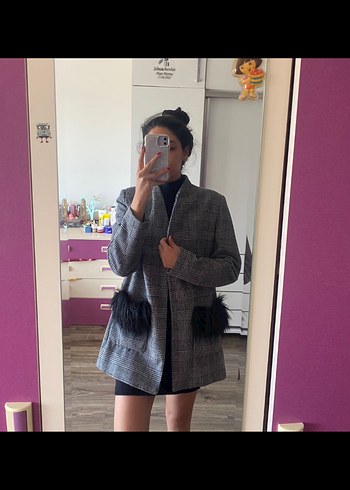 Trendyol & Milla Kürk Detaylı Gri Ekose Kadın Blazer ceket kaban