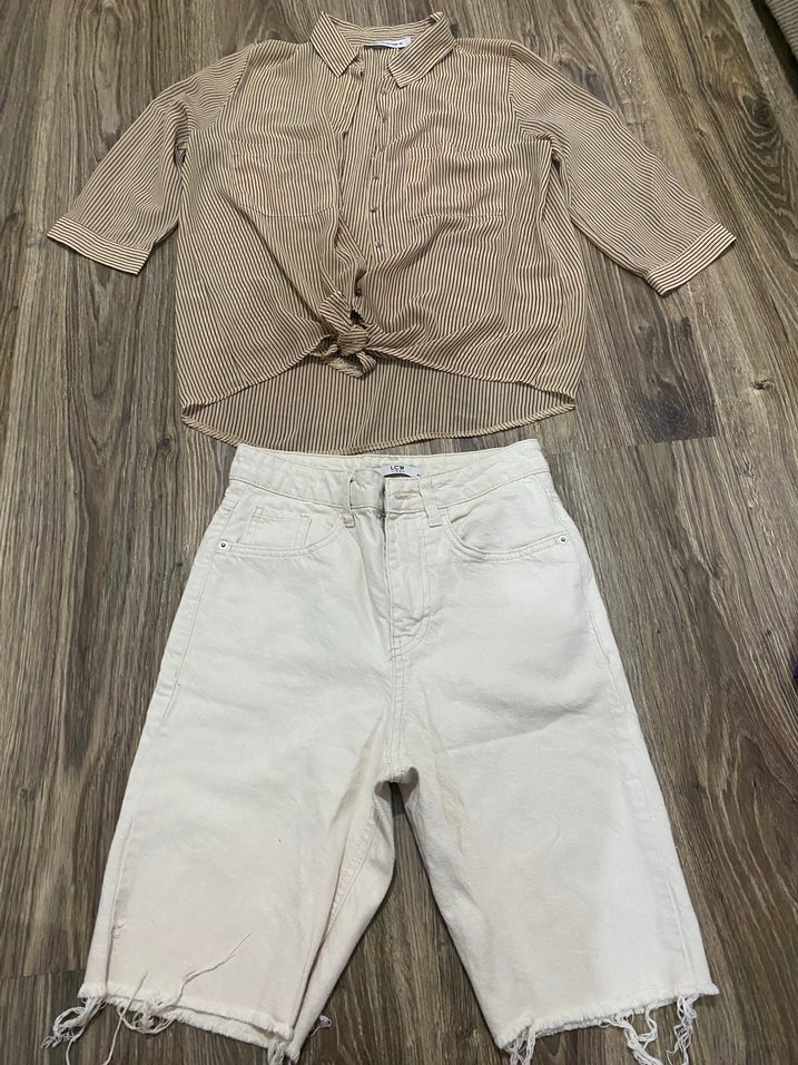 Bej Kadın Bermuda Şort Mini ve gömlek - Görsel 3