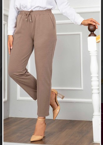 Kadın Beli Lastikli Bej Kumaş Pantolon