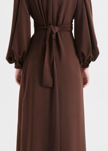 Kahverengi Kemerli Uzun Kadın Elbise - Görsel 3