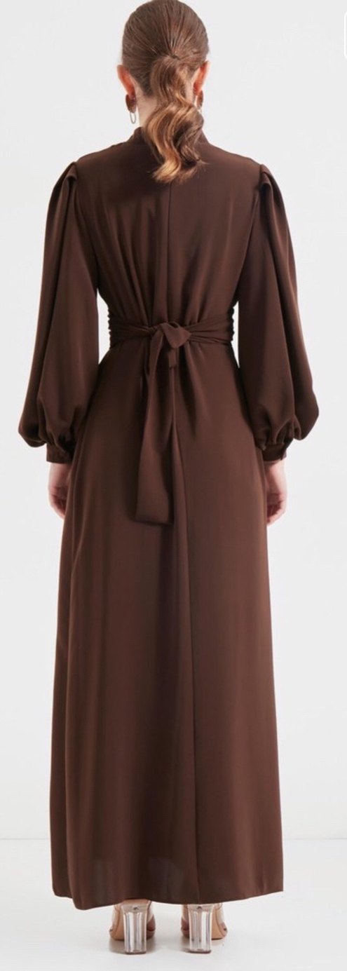 Kahverengi Kemerli Uzun Kadın Elbise - Görsel 3